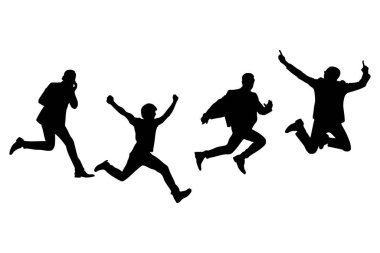 Siluetler mutlu atlayışlar ve beyaz geçmişi olan iş adamları.