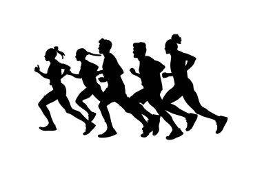 Koşan İnsanlar Siluet Seti Beyaz Arkaplanda İzole Edilmiş Erkek ve Kadın Sporcuların Hareket Maratonu ve Fitness Vektör İlülasyonu