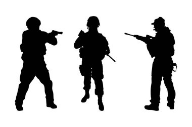 Ordu Askeri Siluet Vektör Seti Silahlı Askerler Taktik Pozisyonlarda Diz çöküp Çekim de dahil olmak üzere Web ve Mobil Kullanım için Beyaz Arkaplanda İzole Edildi