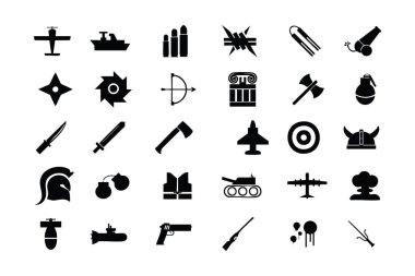 savaş simgeleri düz simgeler beyaz arkaplan üzerinde basit siyah set resimleme 