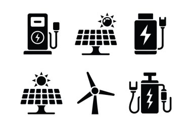 Yenilenebilir Enerji ve Sürdürülebilir Güç Sistemi Vektör Simgesi Güneş Rüzgârı Hidrojen EV Şarj ve Temiz Şebeke Altyapı Çizgisi Resimleri
