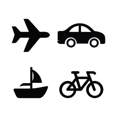 Taşımacılık ve Araç Simgesi Seyahat Lojistik Ulaşım Otomobili Otobüs Bisiklet Teknesi ve Uçak Siyah Silüet Resimleri 'nin Vektör Grafiklerini Ayarla