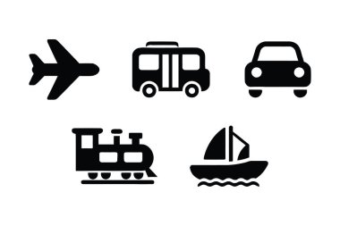 Ulaşım Simgesi Arabaların Siyah Siluetlerini Ayarla Bisikletleri Trenleri Uçakları Gemileri ve Diğer Araçlar Vektör Resimleri Beyaz Arkaplanda