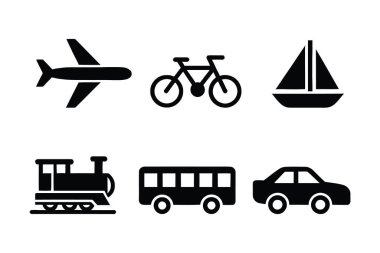 Tek Renkli Araç ve Ulaşım Simgesi Basit Vektör Sembolleri Koleksiyonunu Beyaz Arkaplanda İzole Edilmiş Taşımacılıkla İlgili Grafik Elementleri Ayarla