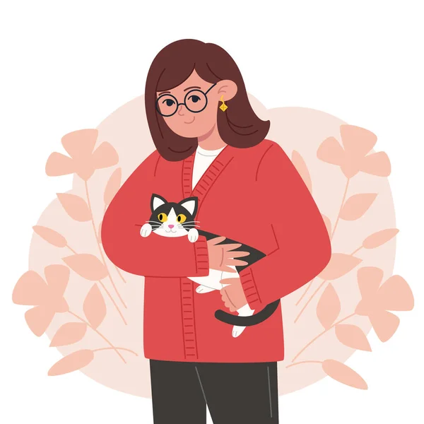年轻女子抱着一只黑白相间的猫 — 图库矢量图片