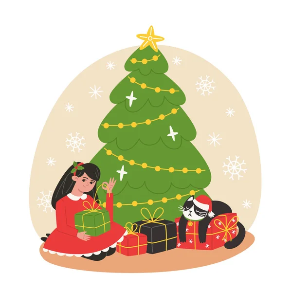 Lány Kicsomagolja Karácsonyfa Alatt Ajándékok — Stock Vector