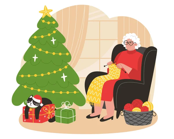 Starší Žena Sedí Křesle Poblíž Vánočního Stromku Plete Šátek — Stockový vektor