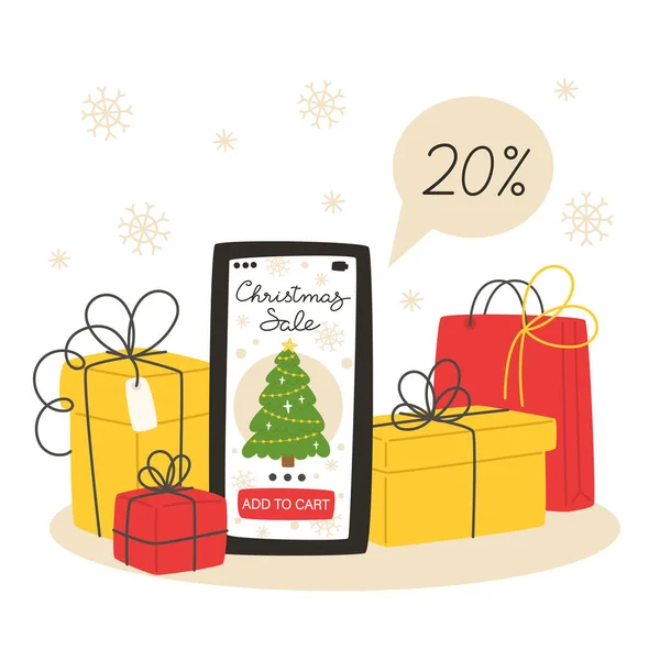 Julförsäljning Och Handel Med Hjälp Smartphone — Stock vektor