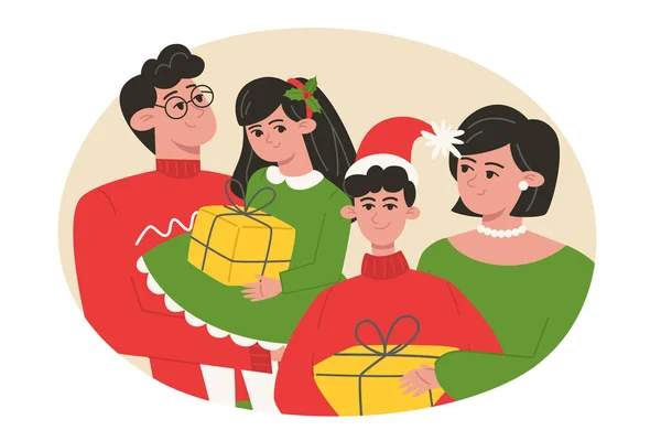 Retrato Familiar Navideño Con Alquileres Estilo Plano — Vector de stock