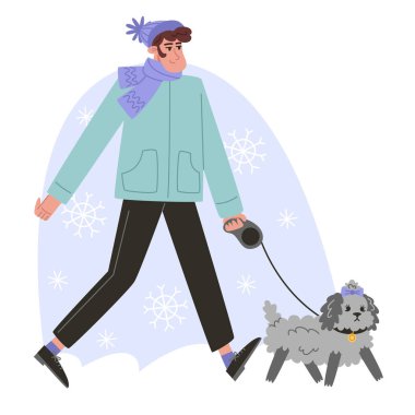 Genç adam kışın küçük kıvırcık bir köpekle yürüyor.