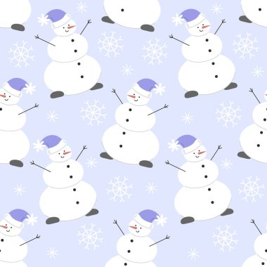 Mavi zemin üzerinde kardan adam ve kar taneleri olan kusursuz desen, düz stil vektör çizimi