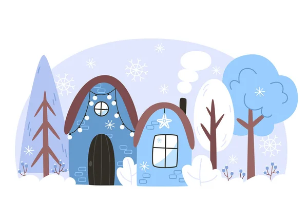 Karlı bir ormanda evi olan kış manzarası