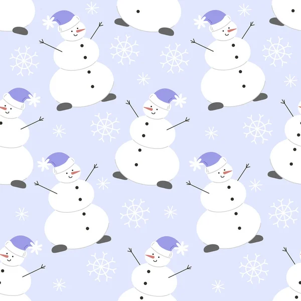 Seamless Pattern Snowman Snowflakes Blue Background Vector Illustration Flat Style — Stock Vector