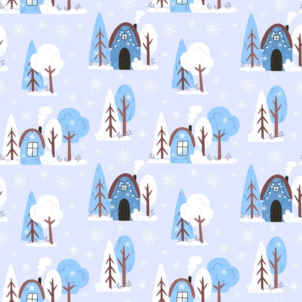 Бесшовный Зимний Узор Снежными Домами Деревьями Плоском Стиле — стоковый вектор