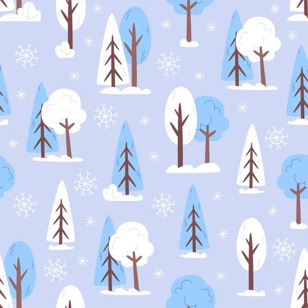 Padrão Inverno Sem Costura Com Neve Árvores Estilo Plano — Vetor de Stock