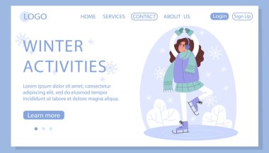Kışın paten kayan genç kadın, web sayfası şablonu
