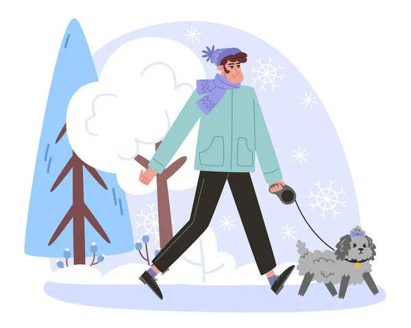 stock vector Young man walking with a small curly dog in winter fores