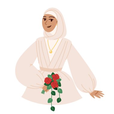 Güzel gelin bir buket gül ve tesettürlü modaya uygun gelinlik.