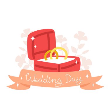 Red box with couple rings for wedding day in flat style
