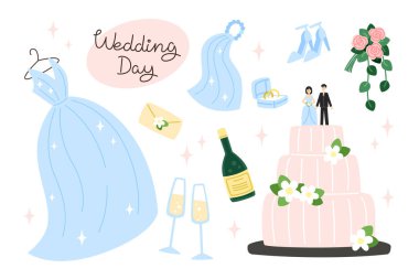 Set of elements for the wedding day, flat style illustration
