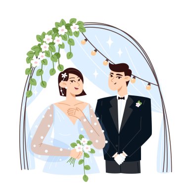 Gelin ve damat düğün sunağında duruyorlar.