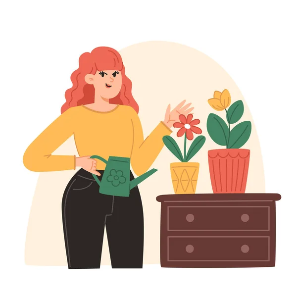 Jeune Femme Arrosant Des Fleurs Pot — Image vectorielle
