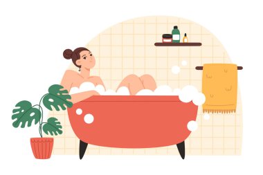 Genç bir kadın köpükle banyo yapıyor, düz çizim.