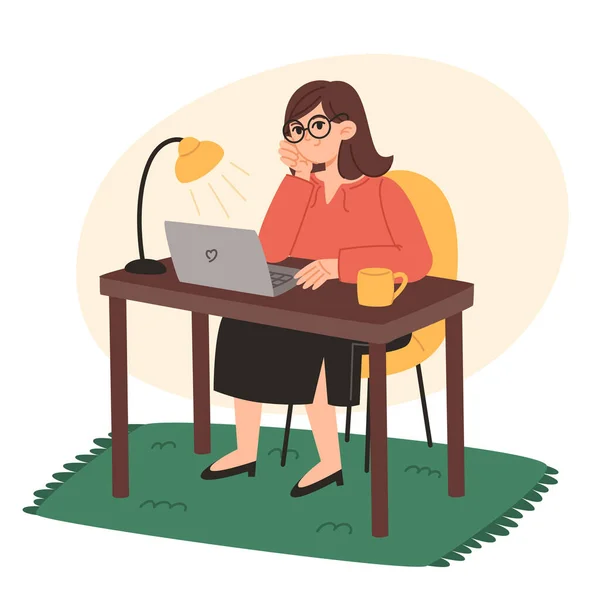 Genç Bir Kadın Masada Oturuyor Evinde Dizüstü Bilgisayarla Çalışıyor — Stok Vektör