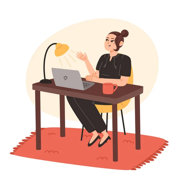 Jovem Mulher Sentada Mesa Trabalhando Laptop Casa Ilustração Estilo Plano — Vetor de Stock