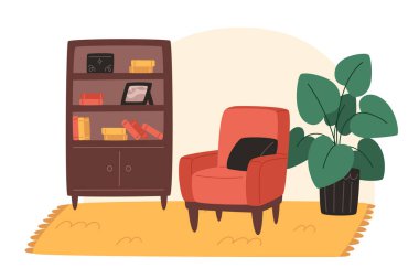 Koltukları, kitaplığı ve saksısı düz olan rahat bir oturma odası.