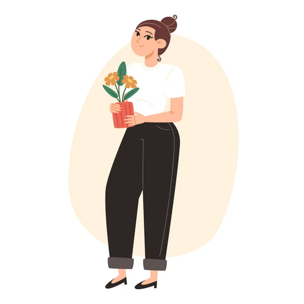 Une Jeune Femme Tient Debout Tient Une Fleur Dans Pot — Image vectorielle
