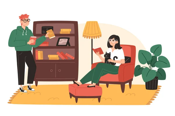 stock vector Young woman and man reading book at home in cozy living room at home