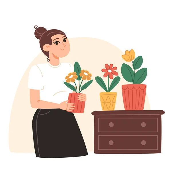 Młoda Kobieta Dbająca Rośliny Pomieszczeniach — Wektor stockowy