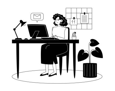 Genç bir bayan çalışan iş yerindeki bir bilgisayarda çalışıyor.