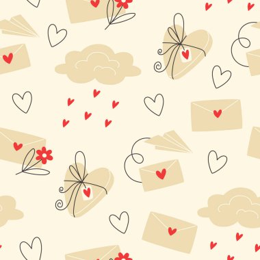 Sevgililer Günü için hediye kutuları ve bulutlarla kusursuz desen