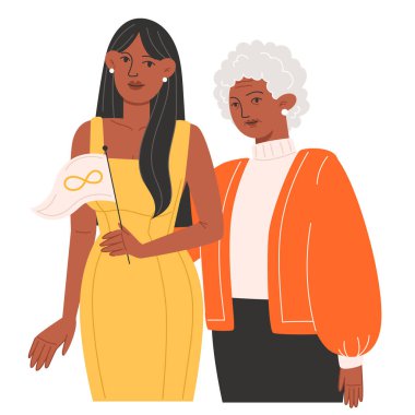 Yaşlı bir kadın ve genç bir kadın, Otizm Farkındalık Günü 'nün altın sonsuzluk sembolüyle sarılıp bayrak tutuyorlar.