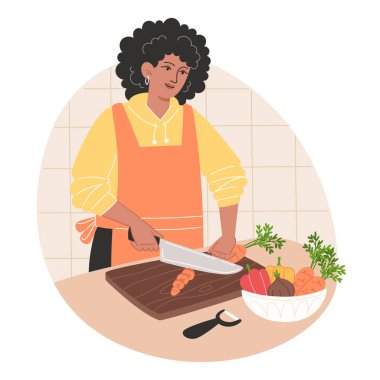 Afro-Amerikalı kadın sebze doğruyor ve yemek hazırlıyor.