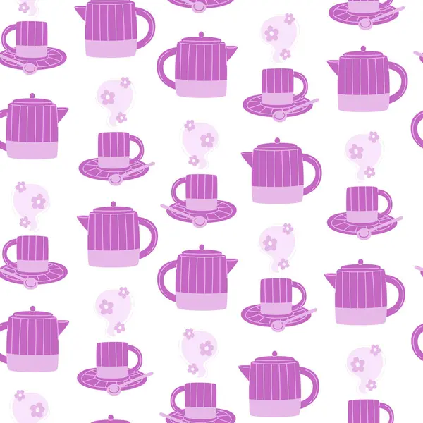 Nahtloses Muster Mit Lila Teekanne Und Tasse Mit Heißem Tee lizenzfreie Stockillustrationen