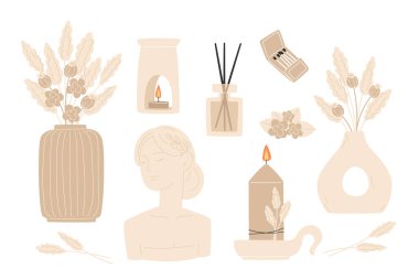 Aromaterapi ve iç dekorasyon olarak kokulu mum koleksiyonu.