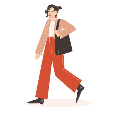 Modern iş kıyafetleri içinde genç bir kadın toplantıya gider.