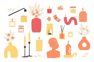 Aromaterapi ve iç dekorasyon olarak kokulu mum koleksiyonu.