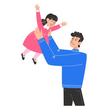 Genç bir baba küçük kızını kollarına alır.