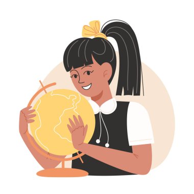 Bir liseli kız elinde bir dünya küresi tutuyor.