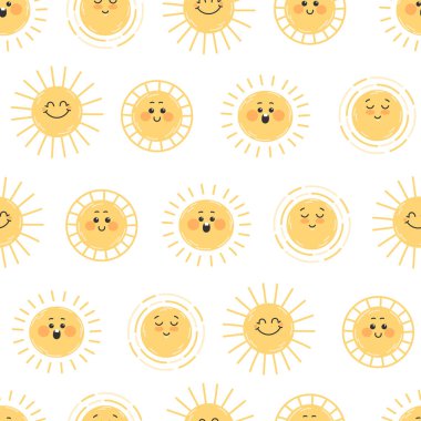Beyaz arka planda gülümseyen mutlu sarı güneşi olan çocuksu, pürüzsüz bir model.