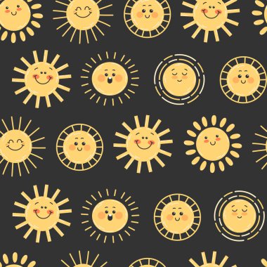 Koyu arkaplanda gülümseyen mutlu sarı güneşi olan çocuksu, pürüzsüz bir model.