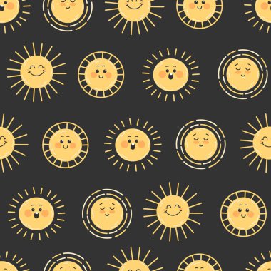 Koyu arkaplanda gülümseyen mutlu sarı güneşi olan çocuksu, pürüzsüz bir model.