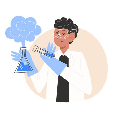 Laboratuvar önlüklü bir öğrenci kimya dersi sırasında test tüpleri tutuyor.