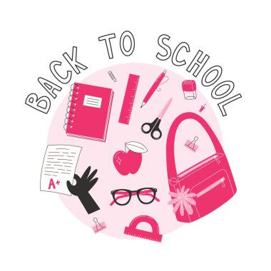 Okul posteri ve okul malzemeleriyle.