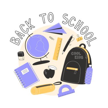 Okul posteri ve okul malzemeleriyle.