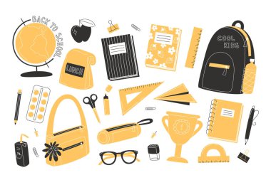 Şirin okul malzemeleri seti düz stil.